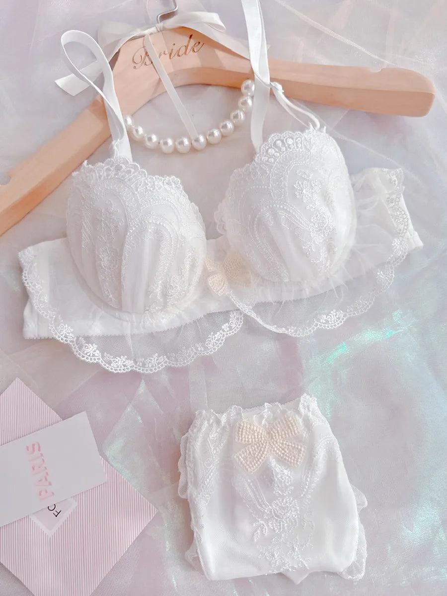 Girls Lace Gathering Comfortable Thin Cup Bra Set With Steel Ring Embroidery Sweet Sexy Lingerie Low Waist Panties