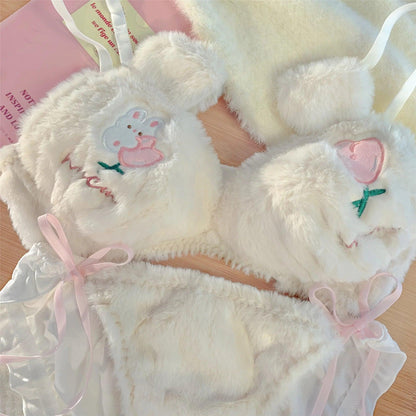 Rabbit velvet flower winter plush underwear set cute sweet cotton bra small chest gathered together to look bigger lingerie pant