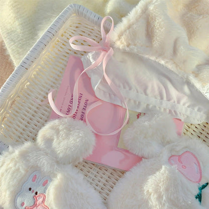 Rabbit velvet flower winter plush underwear set cute sweet cotton bra small chest gathered together to look bigger lingerie pant