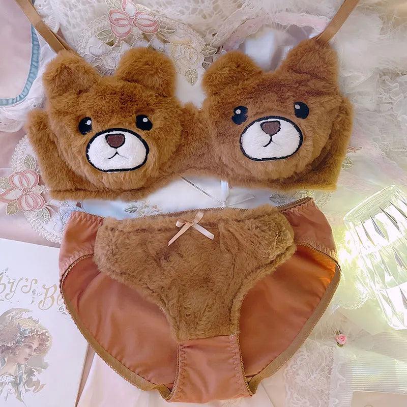 Girls Plush Bear Underwear Cute No Steel Rings Gather Cat Claw Bra Set Comfortable Women  Lingerie with Panties Suit