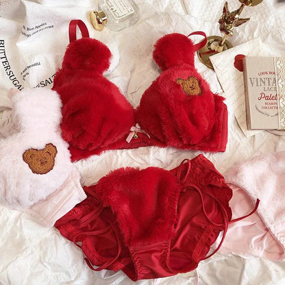 Cute bear paradise plush lingerie panties suit small chest gather no steel ring bra set lace sexy sweet underwear bra for women