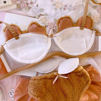 Girls Plush Bear Underwear Cute No Steel Rings Gather Cat Claw Bra Set Comfortable Women  Lingerie with Panties Suit