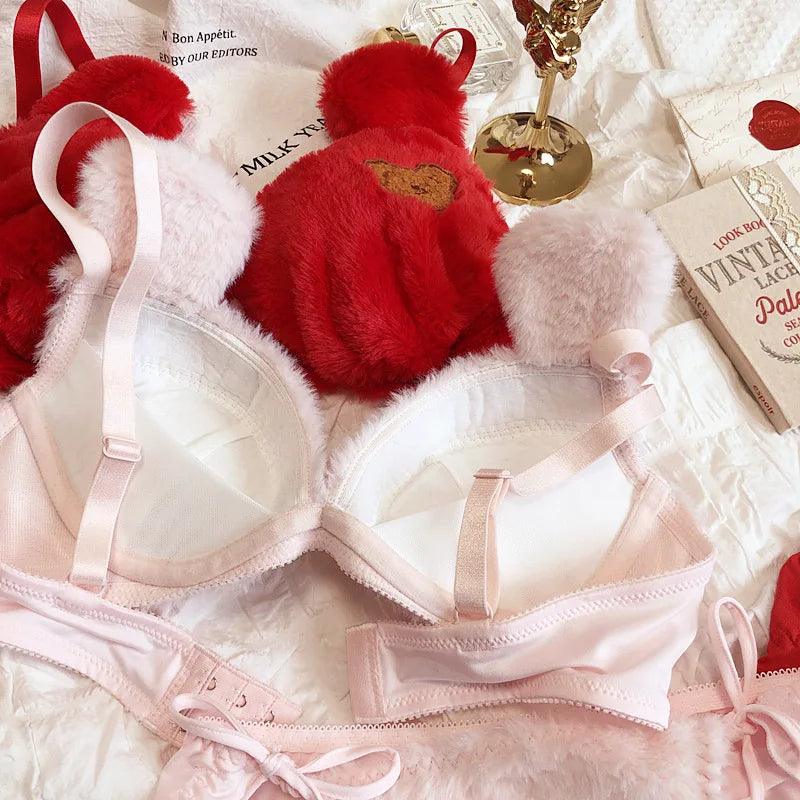 Cute bear paradise plush lingerie panties suit small chest gather no steel ring bra set lace sexy sweet underwear bra for women