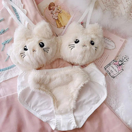 Wriufred Cute lingerie soft girl pink plush cat embroidery no steel ring gather bra set low waist pure cotton underwear cartoon - My Store