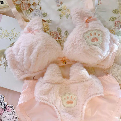 Girls Plush Bear Underwear Cute No Steel Rings Gather Cat Claw Bra Set Comfortable Women  Lingerie with Panties Suit