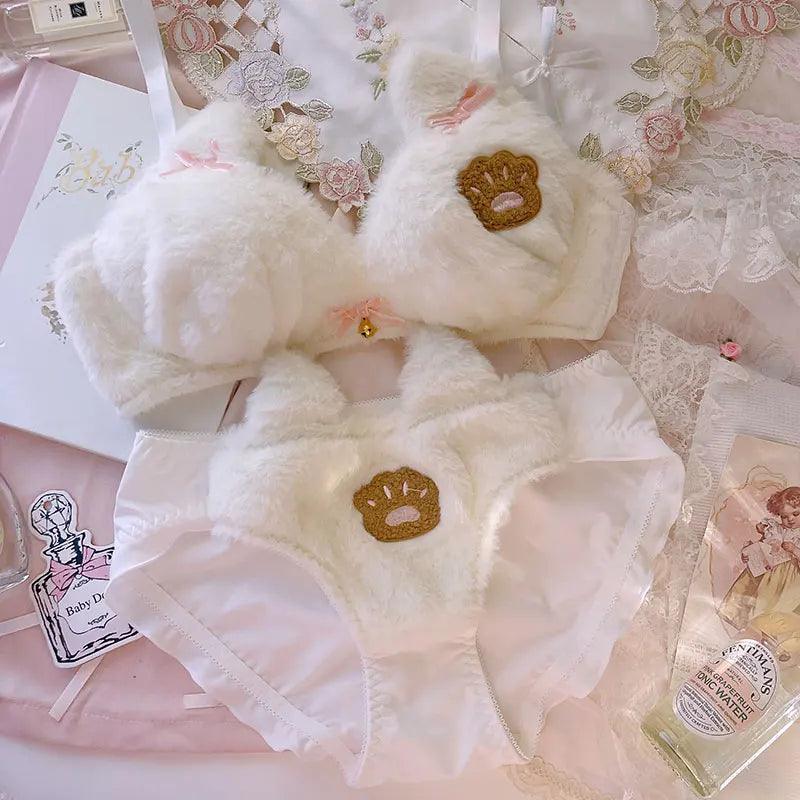 Girls Plush Bear Underwear Cute No Steel Rings Gather Cat Claw Bra Set Comfortable Women  Lingerie with Panties Suit