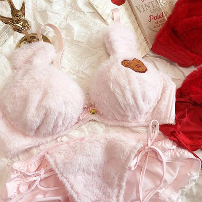 Cute bear paradise plush lingerie panties suit small chest gather no steel ring bra set lace sexy sweet underwear bra for women