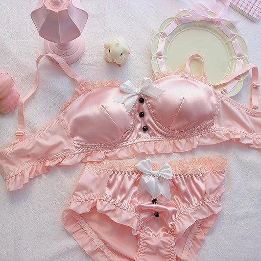 Japanese sweet retro girl lingerie small chest underwear soft cute bow home wear sleep confortable no steel ring bra set