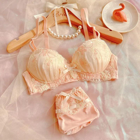 Sweet girl without steel ring bra set embroidered thin cup comfortable silk band cute fresh underwear panties - My Store