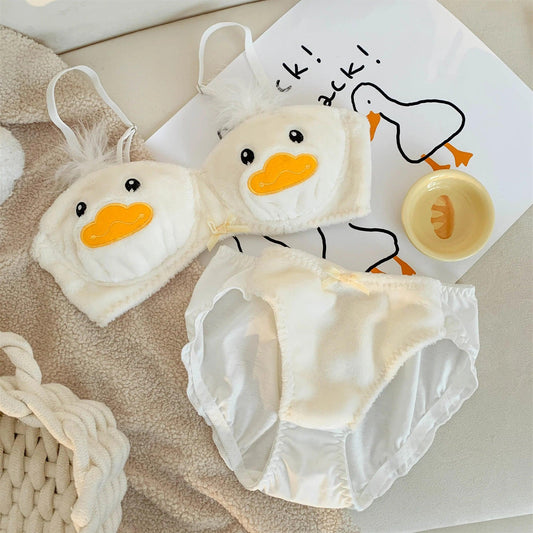 Velvet cute duck plush warm bra small chest push-up underwear women's suit furry plush velvet bralette pure cotton lingerie sets - My Store