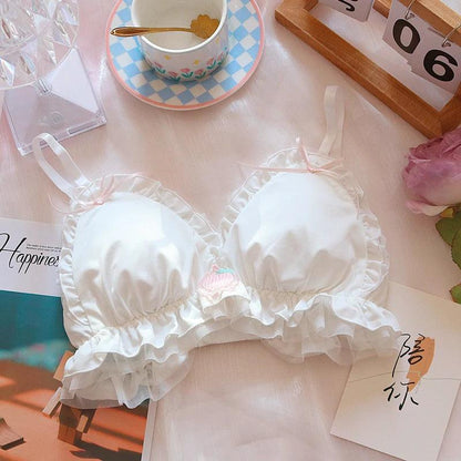 Sweet little strawberry embroidery bralette~ sweet and cute Japanese girl underwear soft girl no steel ring lotus leaf bra set - My Store