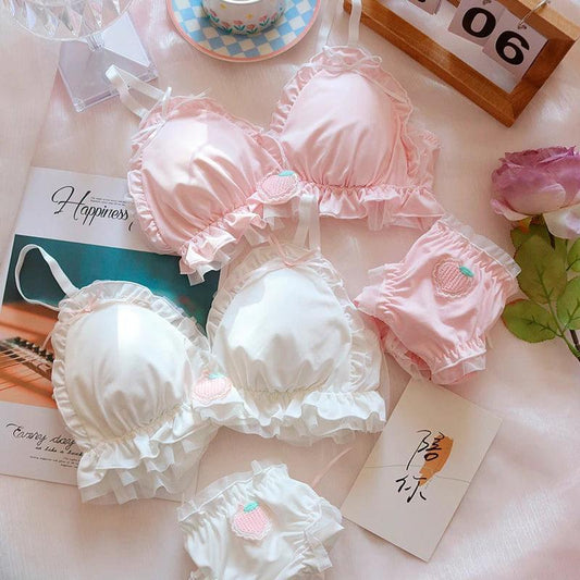 Sweet little strawberry embroidery bralette~ sweet and cute Japanese girl underwear soft girl no steel ring lotus leaf bra set - My Store